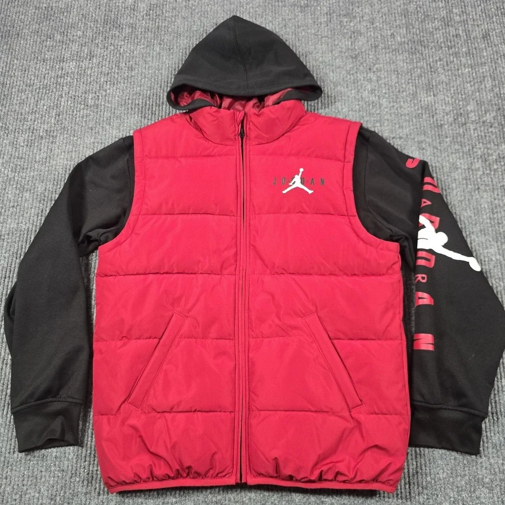 Nike Air Jordan‎ Jacket Boys XL Red Black Twofer Puffer Hooded Full Zip Logo